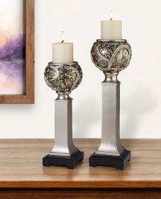 Set Of Two Silver Ball Tabletop Pillar Candle Holders