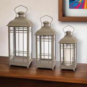 Set Of Three Brown Flameless Floor Lantern Candle Holder