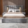 Upholstered Queen bed,with reading lamp and USB port, wide headboard,without bedside tables and mattress, velvet, grey