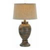 30 Inch Hydrocal Table Lamp, Drum Shade, Classic Urn Base, Brown and Blue