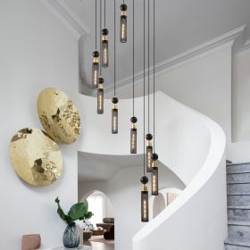 Modern Industrial Multi-Light Pendant Chandelier - 9-Light Black and Gold Adjustable Ceiling Light Fixture with Mesh Cylinder Shades for Living Room