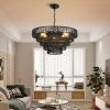 Rustic 5-Tier Black Hemp Rope Chandelier with 8 E12 Sockets, UL Listed Hardwired Pendant Light, Boho Farmhouse Ceiling Fixture for Dining Room