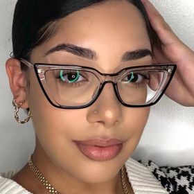 Transparent net red flat mirror fashion light TR pin glasses frame trend cat eye anti-blue light glasses (Color: Transparent main color edge black)