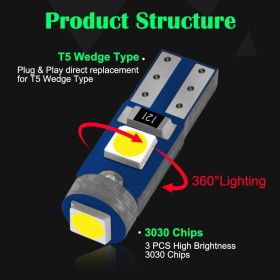 10Pcs T5 LED Lights W1.2W W3W LED Super Bright 3030 LED Car Interior Light Auto Side Wedge Dashboard Gauge Instrument Lamp Bulb (Emitting Color: Red)